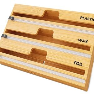 Natural Bamboo Kitchen Wrap Organizer 3-slots wrap and foil cutter; Drawer/Hang